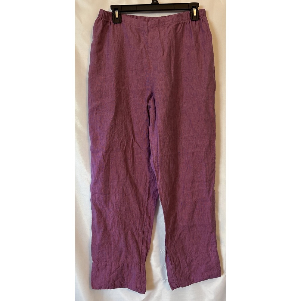 Flax Linen Women's Elastic Waist Pants/cropped Purple Pinstriped Back Slit Hem M